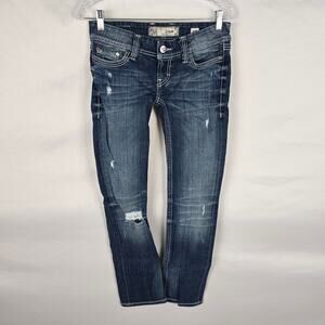 BKE Women's Straight Leg Jeans in Distressed Dark Blue Wash